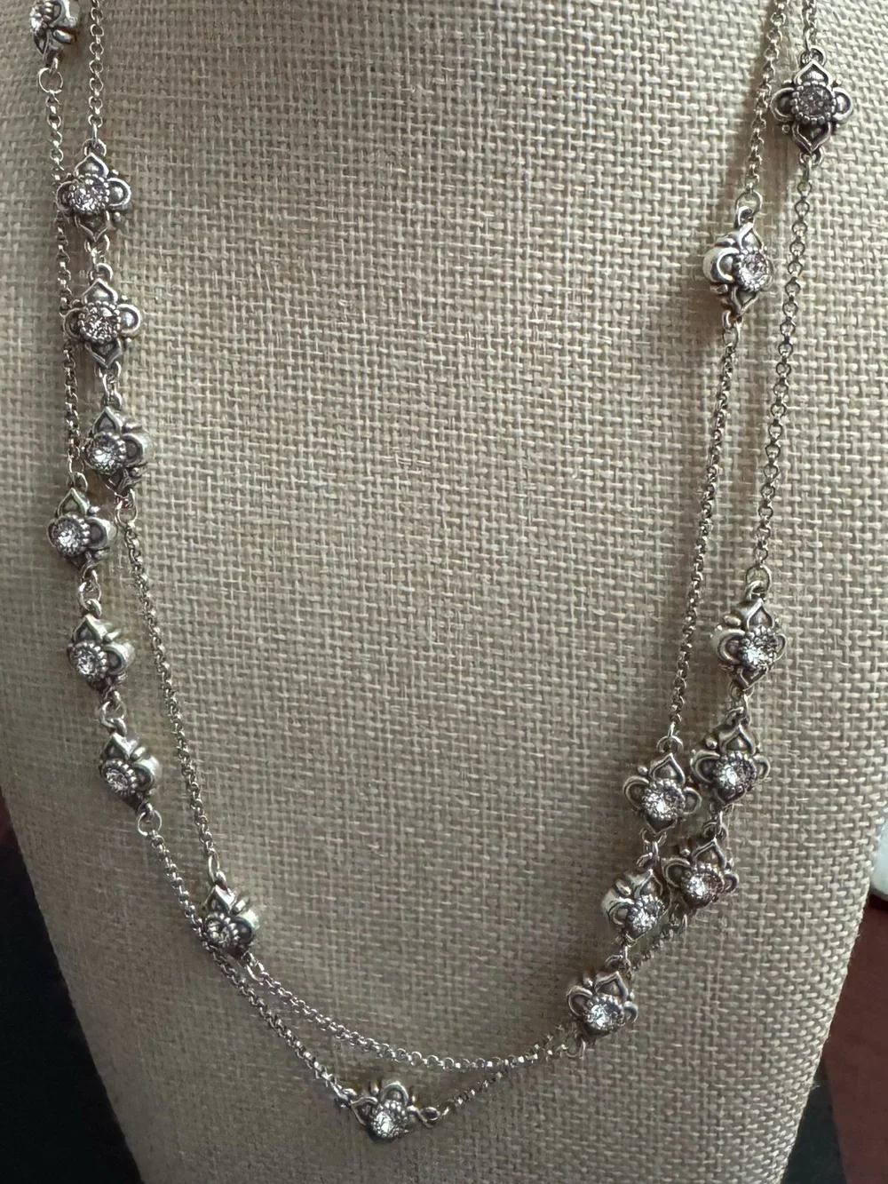 Brighton Silver-tone Sizzling Floral w/CZ Stations 50”Long Necklace